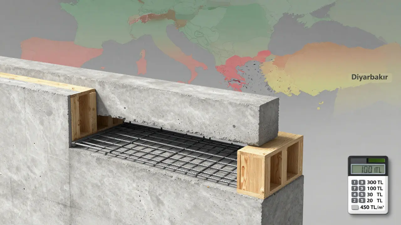 Beton duvarın kesit gösterimi: beton, donatı, kalıp ve maliyet detayları ile birlikte Türkiye haritası arka planda.