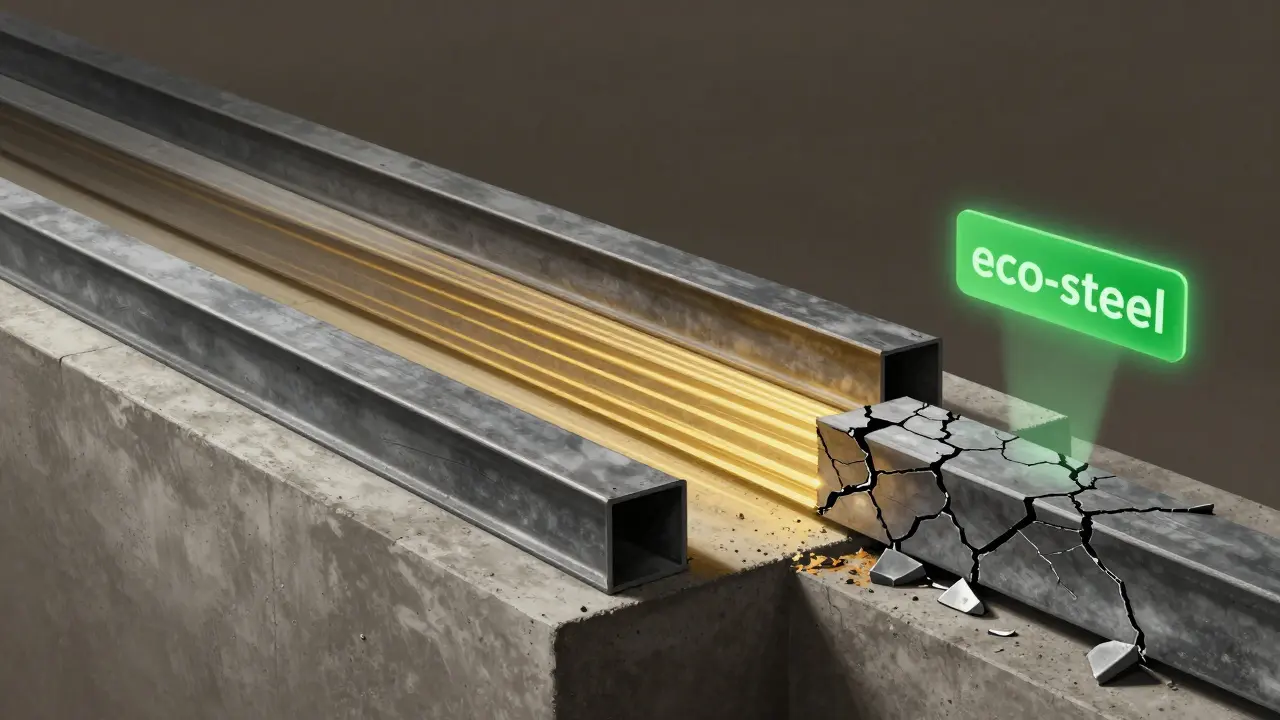 Beton içine gömülmüş 100x100 çelik profilin yapısal güç gösterimi, yanında kalitesiz bir profil çatlamış durumda.