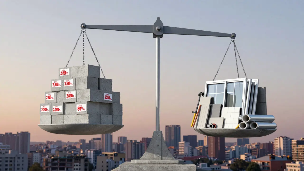 Beton ve inşaat malzemeleri maliyetlerin karşılaştırıldığı sembolik terazi.