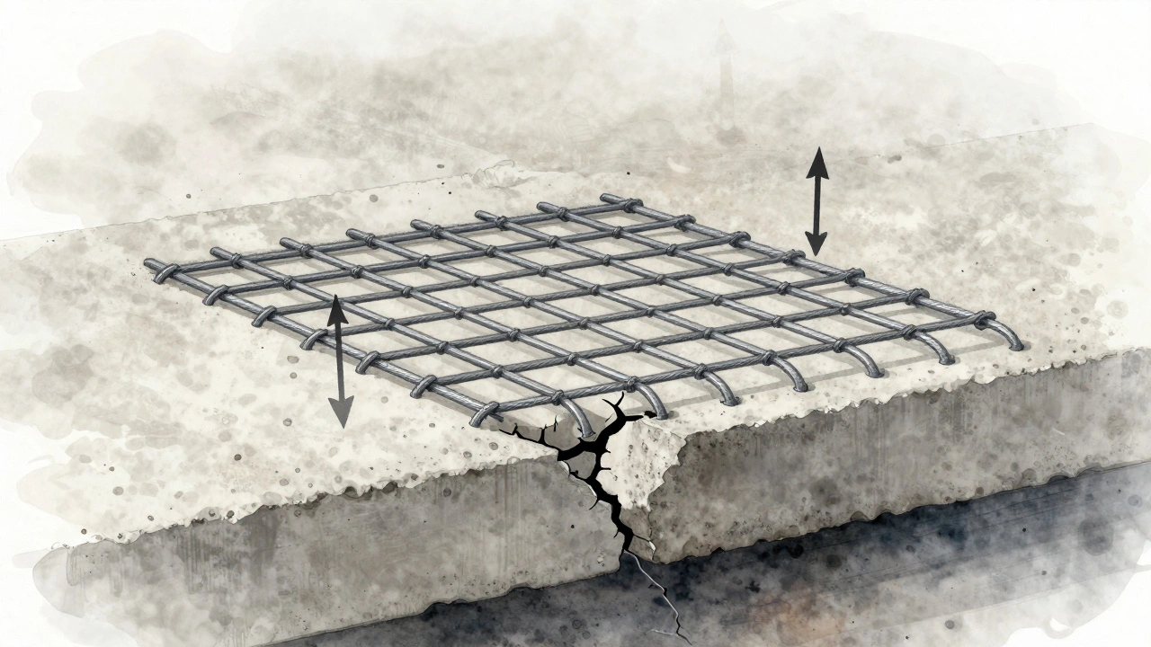 Betonun ortasında yerleştirilmiş çelik hasırın kesiti, çatlak önleyici yapı gösteriliyor.