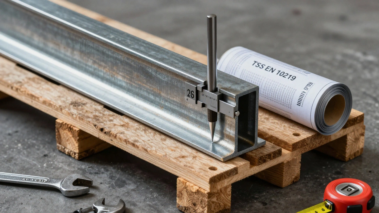 Bir 40x60 çelik profilin duvar kalınlığı mikrometre ile ölçülüyor.