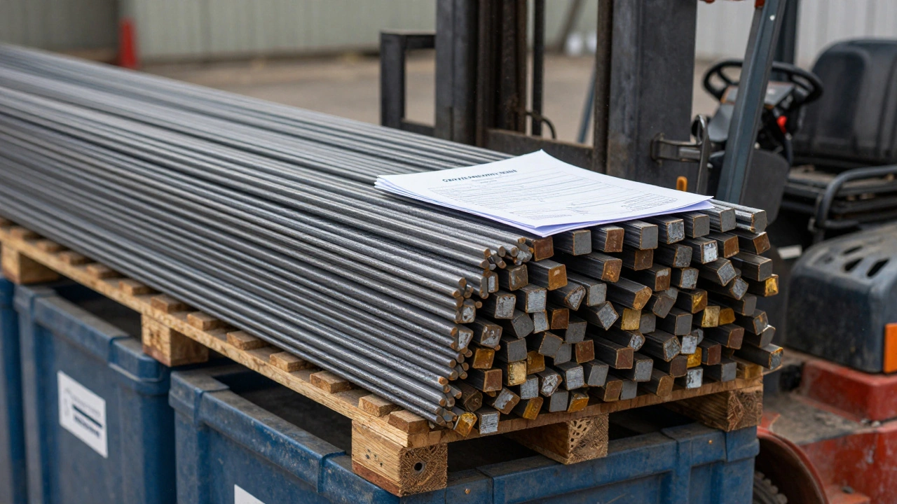Bir depoda 12 metrelik inşaat demirleri, kalite sertifikası ile birlikte forklift ile indiriliyor.