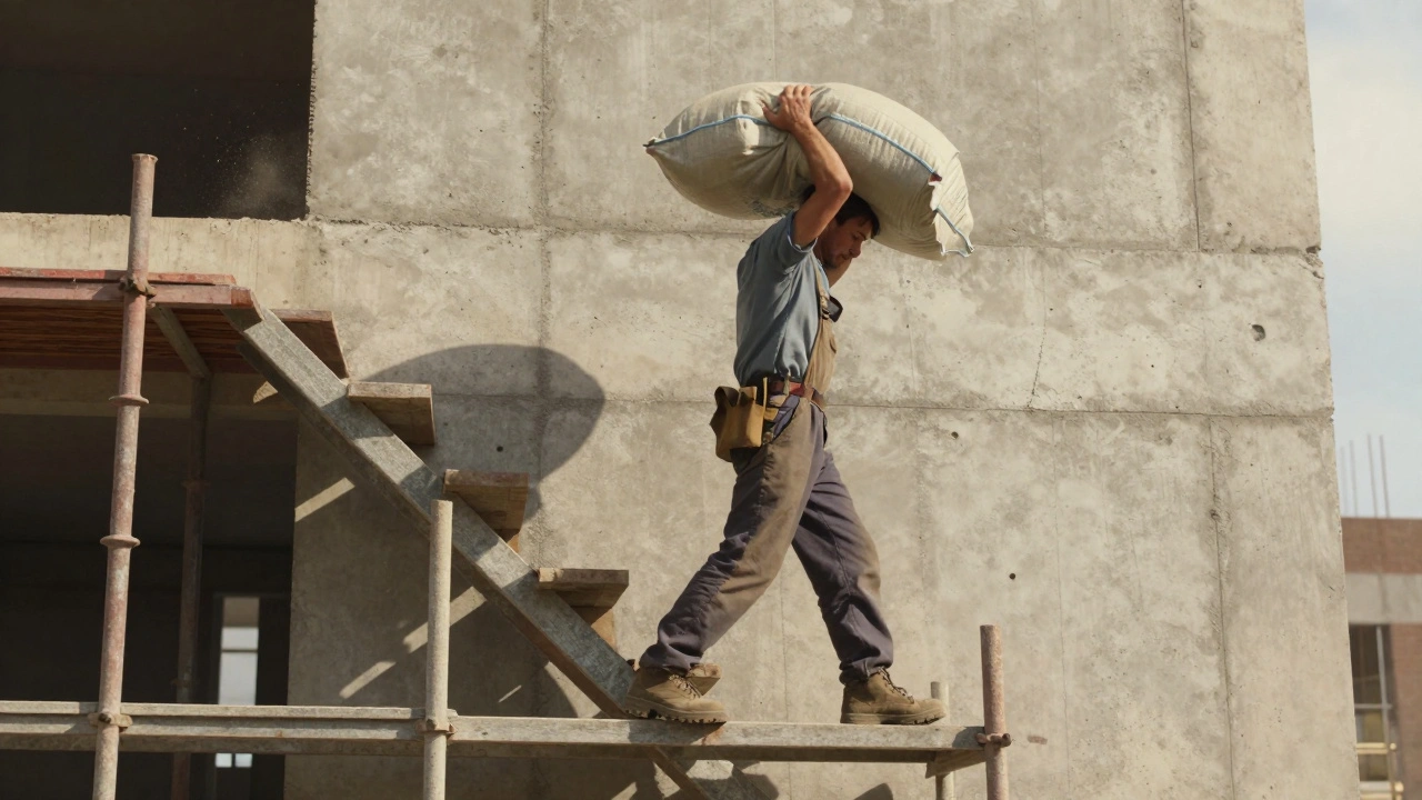 Bir inşaatçı 50 kg çimento torbasını omzuna alarak üç katlı iskelede yükseliyor.