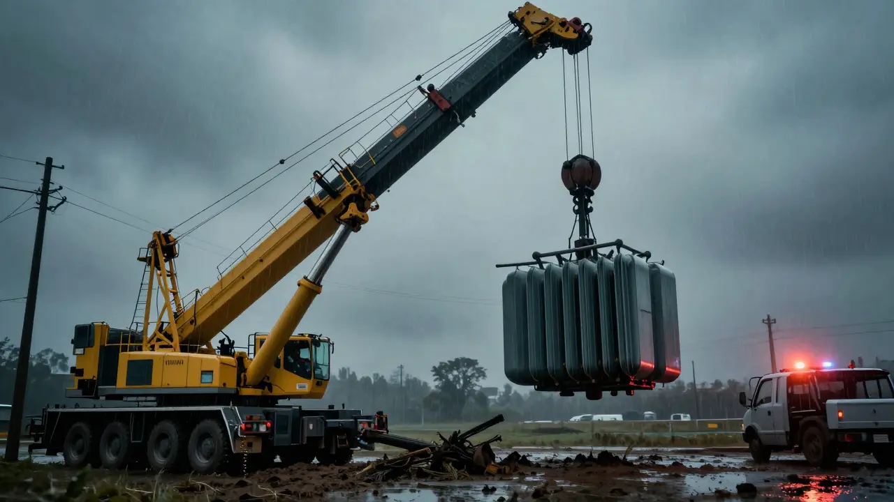 Bir vinç, kararsız zeminde dengesini kaybederken ağır bir transformatörü kaldırmaya çalışıyor, yağmur yağıyor.