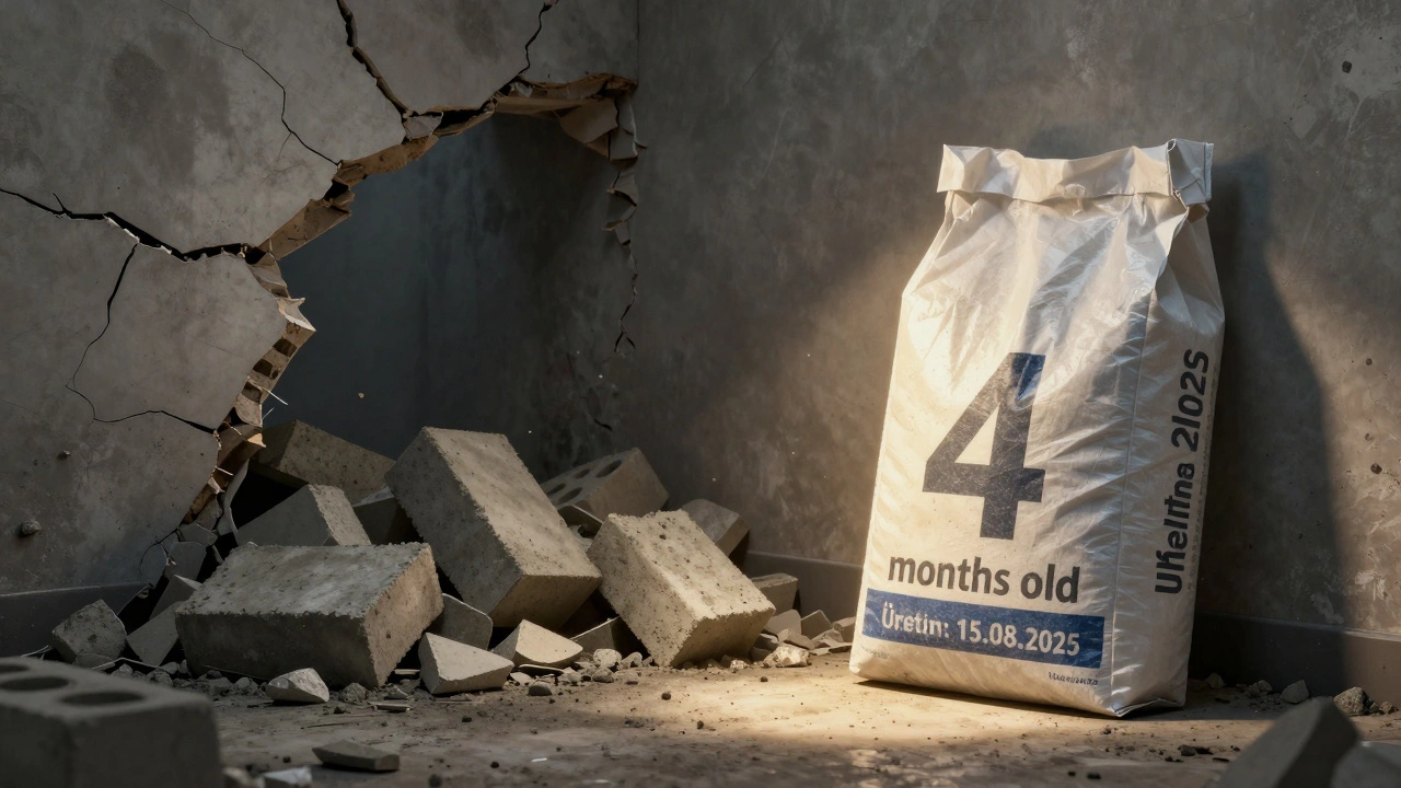 Bozuk çimentodan oluşan çöken bir temel ile yeni, sağlam çimento torbası karşılaştırması.