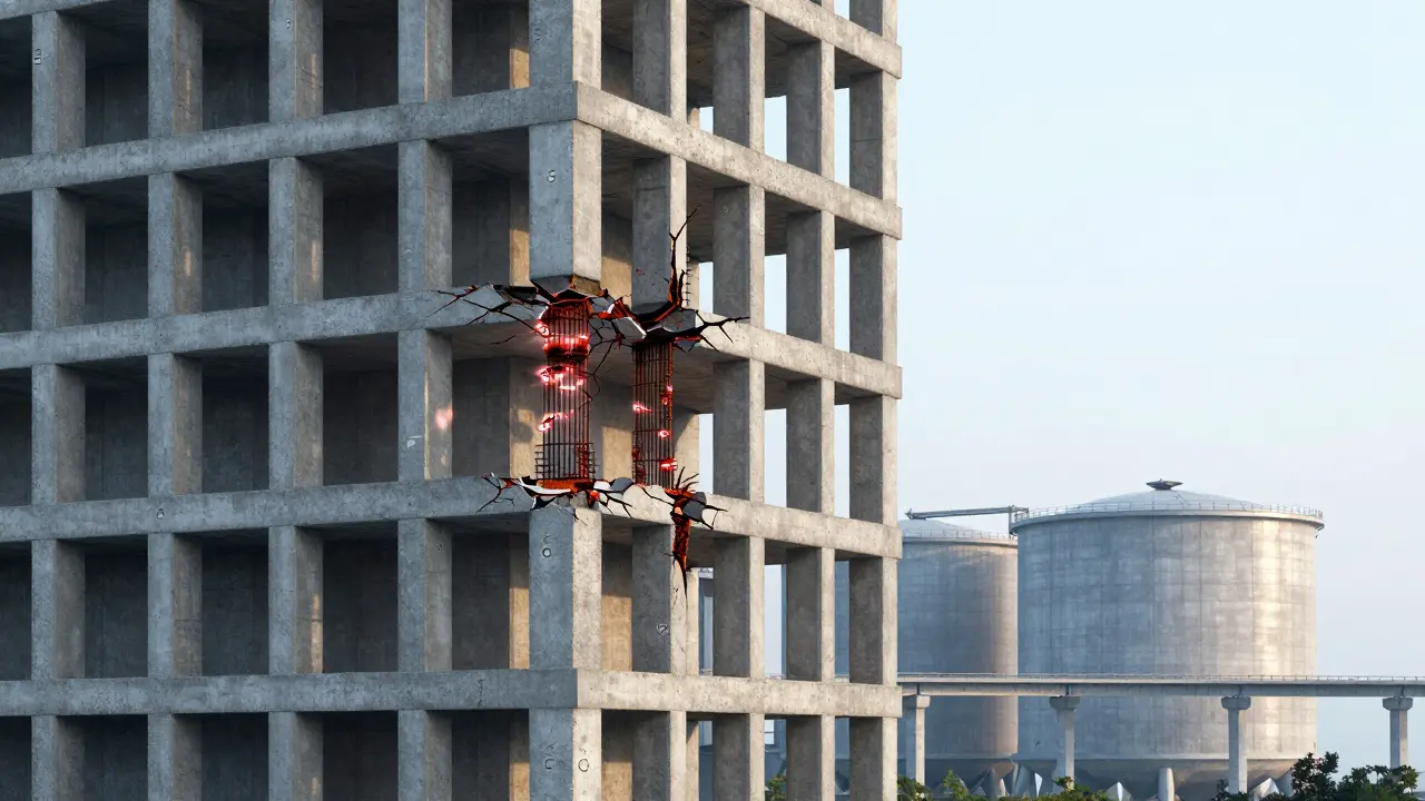 C25 beton kolonlarda çatlaklar ve paslanma, C30 beton kolonlar ise sağlam kalıyor.