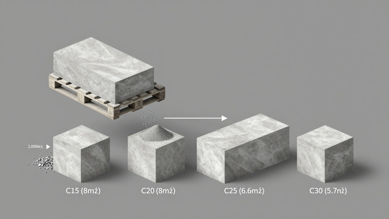 Çimento paletinden farklı beton sınıflarına dönüşen hacimsel oranlar, kum ve çakıl ile karışım gösteriliyor.