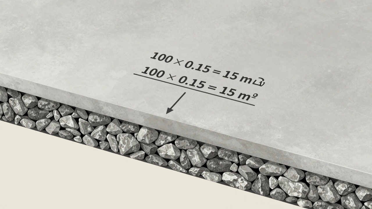 Garaj zemini kesiti: 10 cm çakıl, 15 cm beton ve 100 m² alan, hesaplama okları ile gösteriliyor.