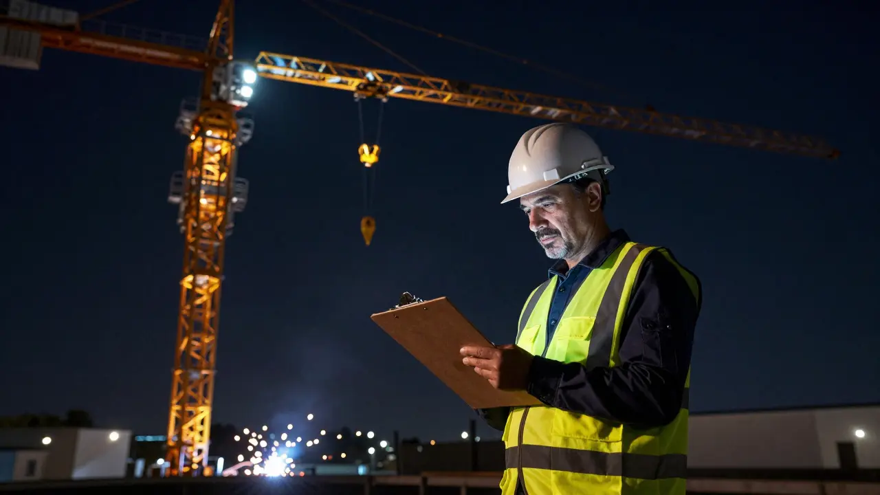 Gece vardiya sırasında, deneyimli bir vinç operatörü kule vinçinin kontrol panelini kontrol ediyor, arkasında büyük bir inşaat sahası var.