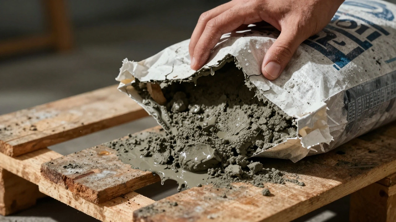 Islak ve çatlamış çimento torbasından dökülen gri çimento tozu, el ve ahşap paletle birlikte.