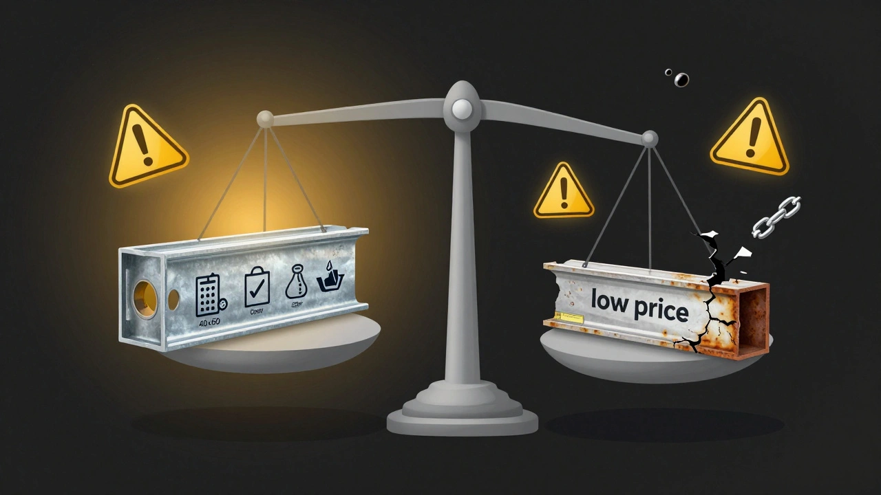 Kaliteli ve düşük kaliteli çelik profil karşılaştırması, dengeli tercih vurgusu.