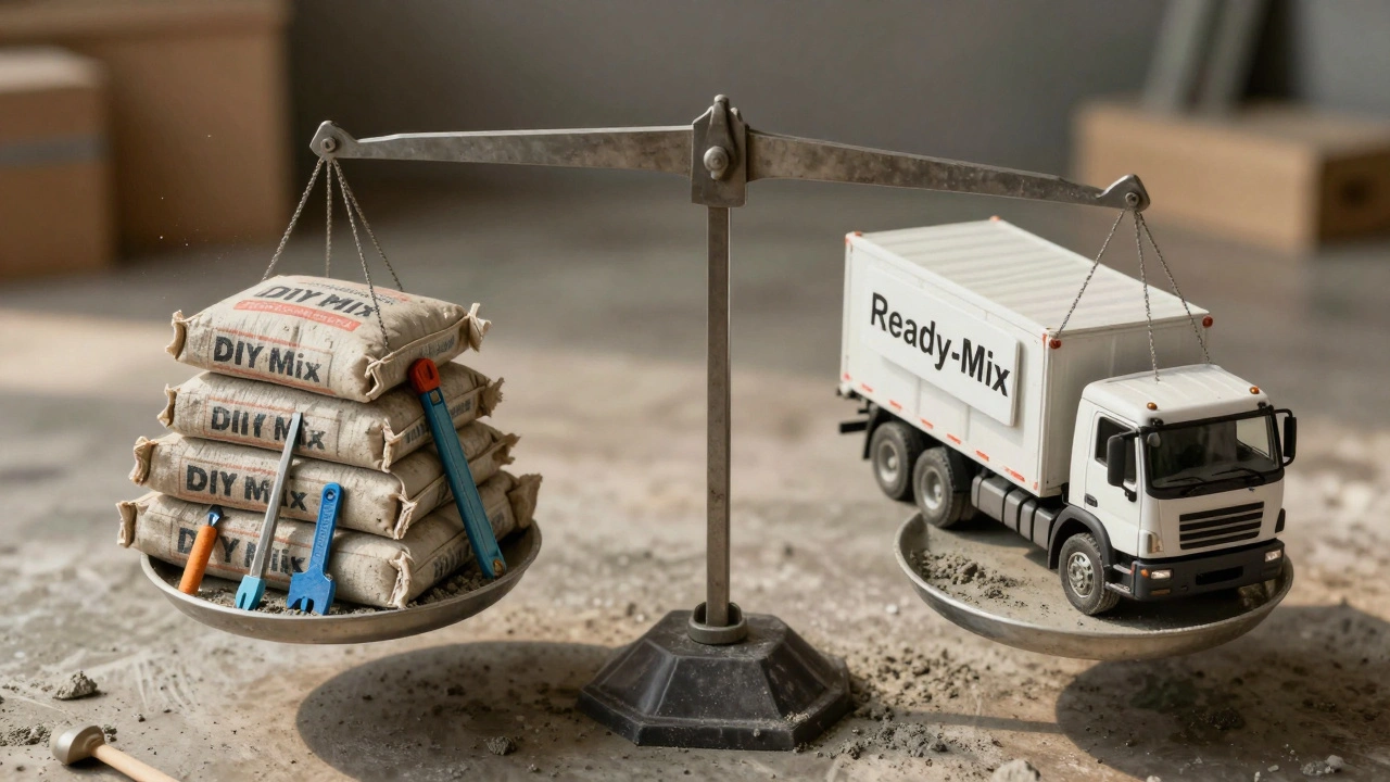 Kendi karıştırma ile hazır beton karşılaştırması: çuval çimento ve beton kamyonu dengede.
