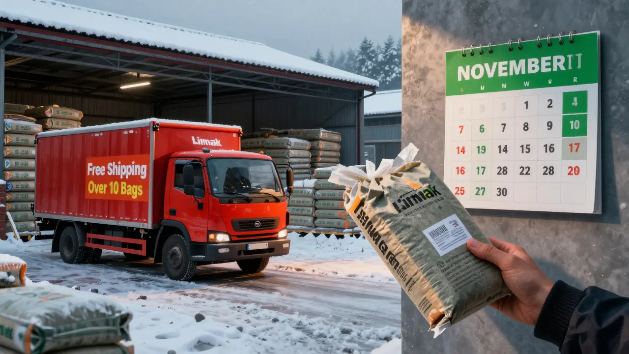 Kış aylarında karla kaplı bir depoda Limak çimento çuvalları ve ücretsiz kargo işaretli bir kamyon.