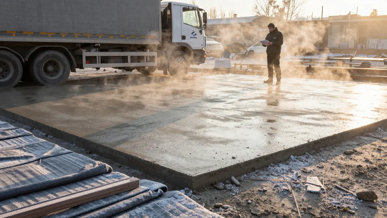 Kışta ısıtılıp örtülmüş yeni dökülen beton zemin, Ankara'da sabah ışığıyla.
