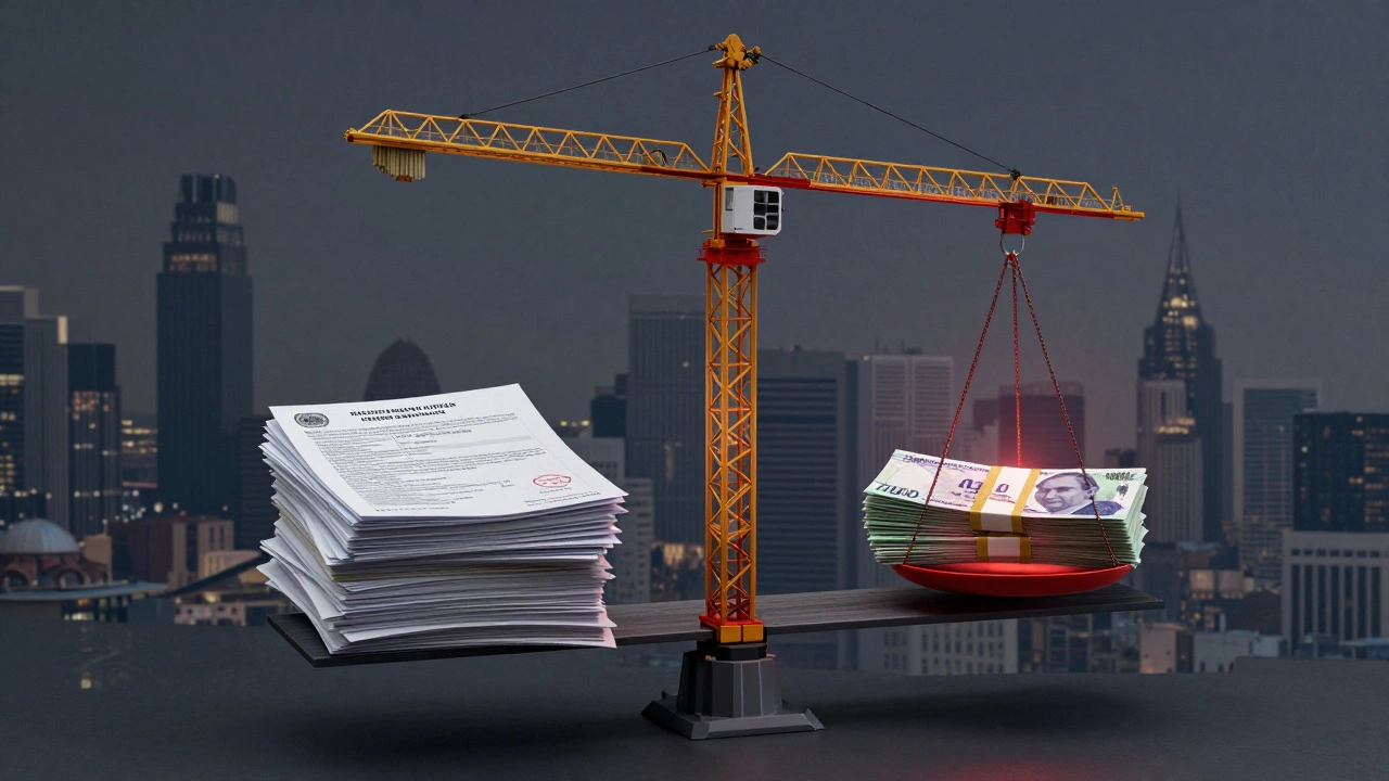 Kule vinç maliyetleri bir terazide belgelerle karşılaştırılıyor, finansal yük ağır.