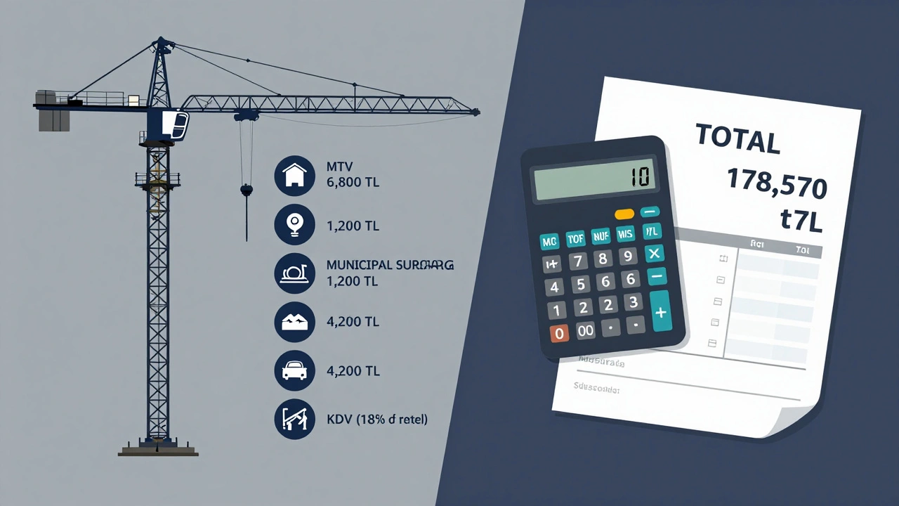 Kule vinç yıllık maliyetlerinin grafiksel breakdown&#039;ı: MTV, ek vergi, işletme belgesi ve KDV.