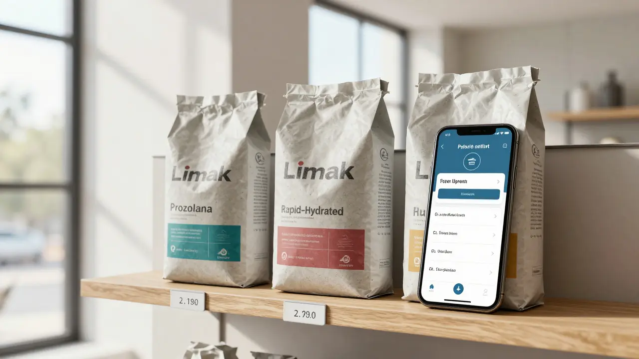 Limak çimento türleri bir inşaat malzemesi dükkanında üç farklı ambalajla yan yana sergileniyor.