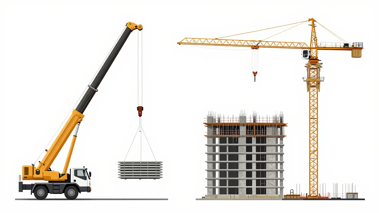 Mobil vinç ve kule vinçin yan yana karşılaştırması, her ikisi de inşaat sahasında farklı görevler yapıyor.
