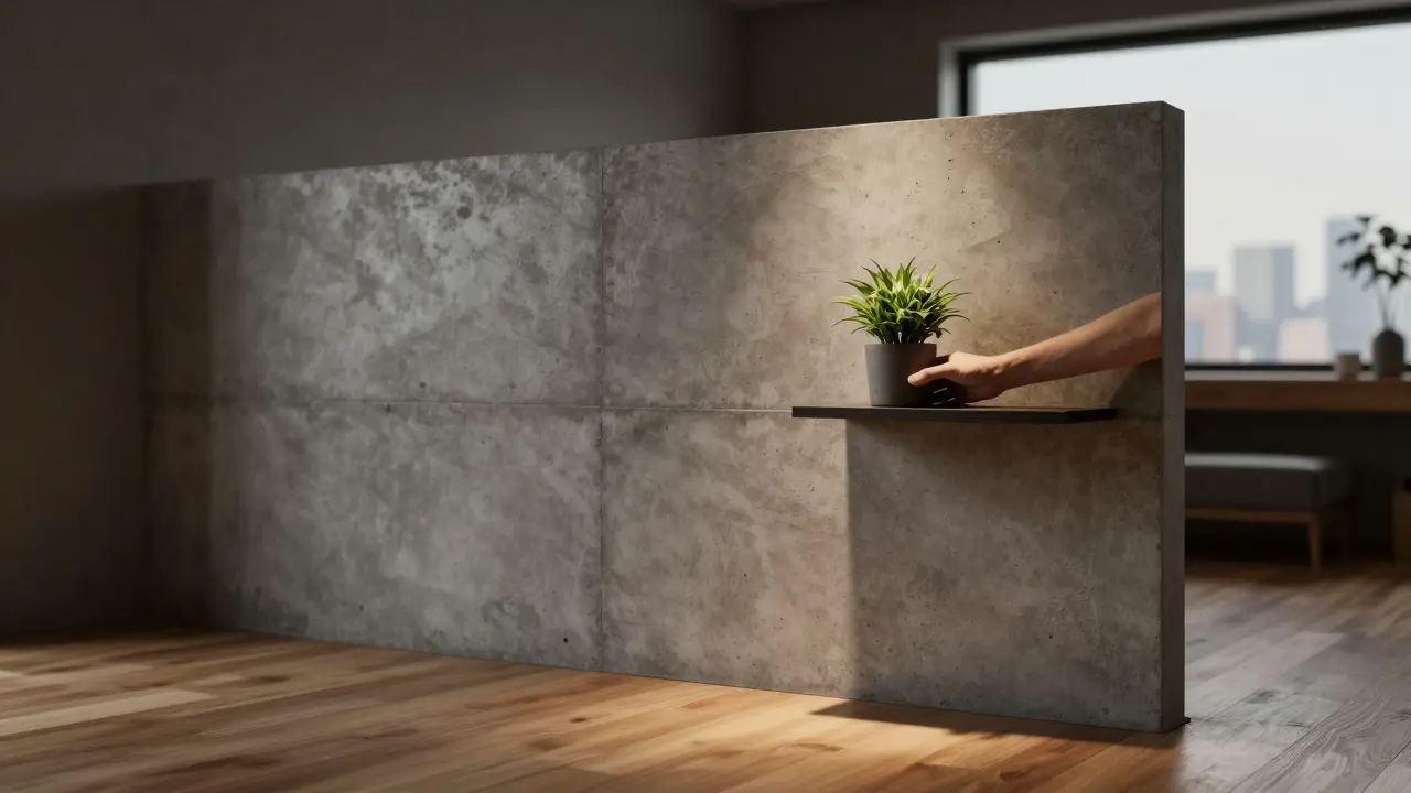 Modern bir iç mekânda ham beton bölme duvar, ahşap zemin ve bitkiyle dengeli bir kompozisyon.