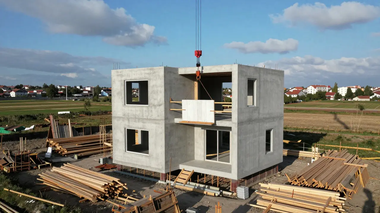 Modüler beton panellerle hızlıca inşa edilen bir evin hava çekimi.