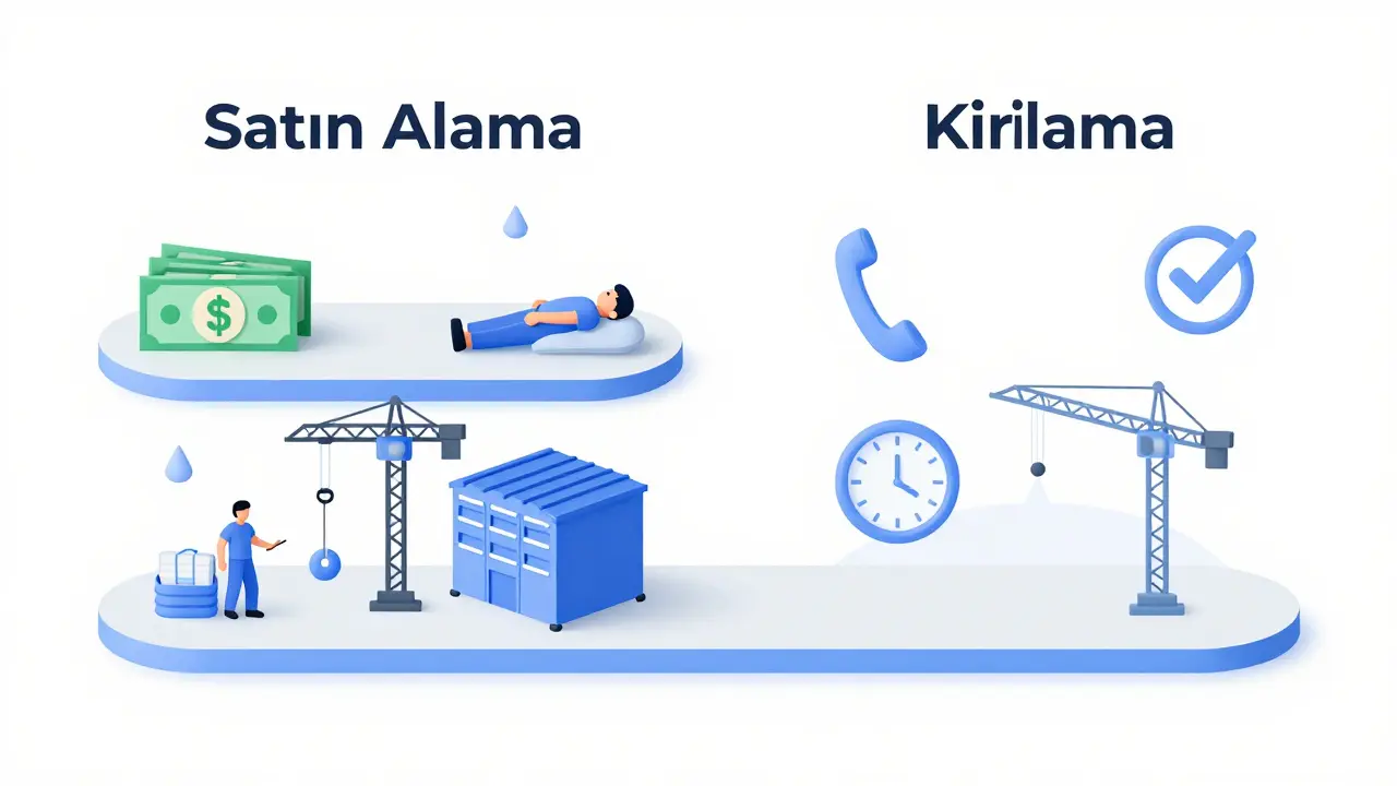 Satın alma ve kiralama maliyetlerini karşılaştıran minimalist bir görsel diyagram.