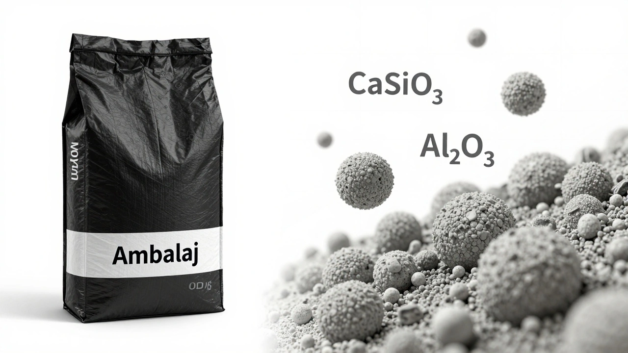 Siyah ambalaj ve gri çimento partikülleri arasındaki farkı gösteren kavramsal görsel.