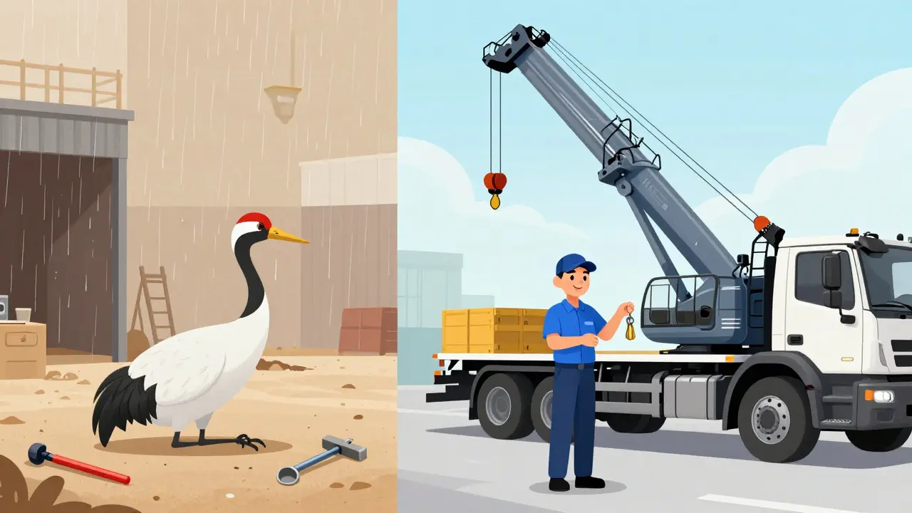 Sol tarafta boşta duran bir vinç, sağ tarafta yeni gelen bir vinç, kiralama avantajını gösteriyor.