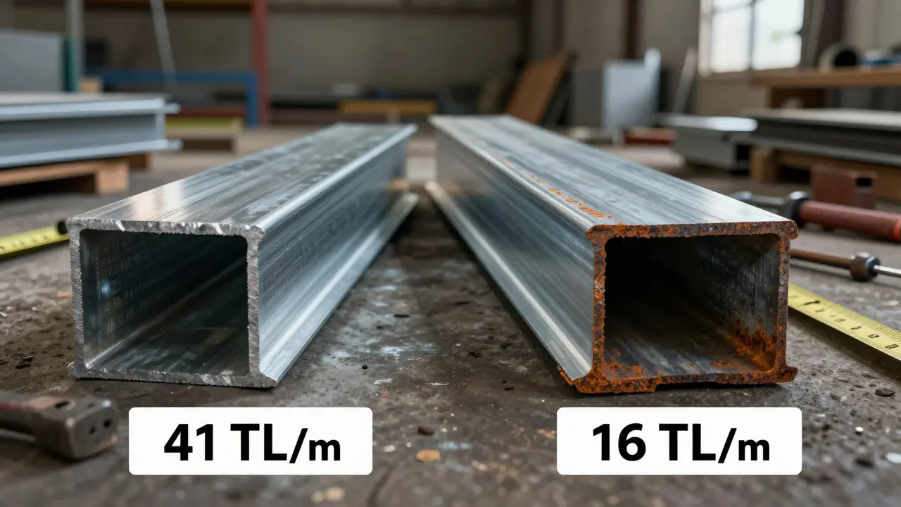 Türk ve Çin kökenli 100x100 çelik profillerin yan yana karşılaştırılması, biri TSE sertifikalı ve parlıyor, diğeri paslı ve kalitesiz.