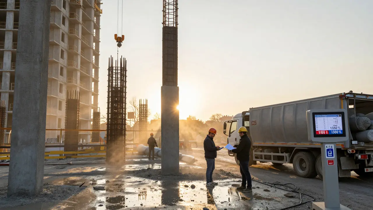 Türkiye'de bir inşaat sahasında C30 beton dökülüyor, yanında C25 beton kamyonu ve teknik rapor görünüyor.