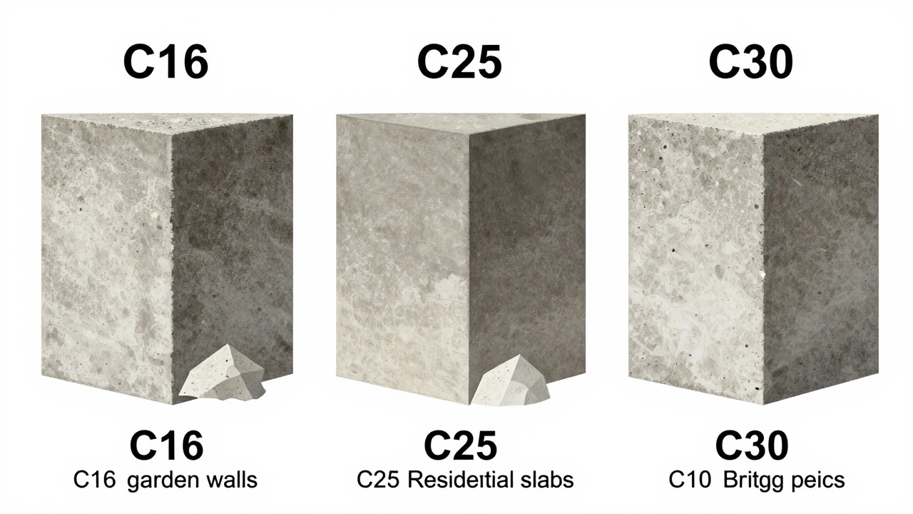 Üç farklı beton sınıfının (C16, C25, C30) bileşim ve kullanım alanlarını gösteren teknik bir kesit çizimi.