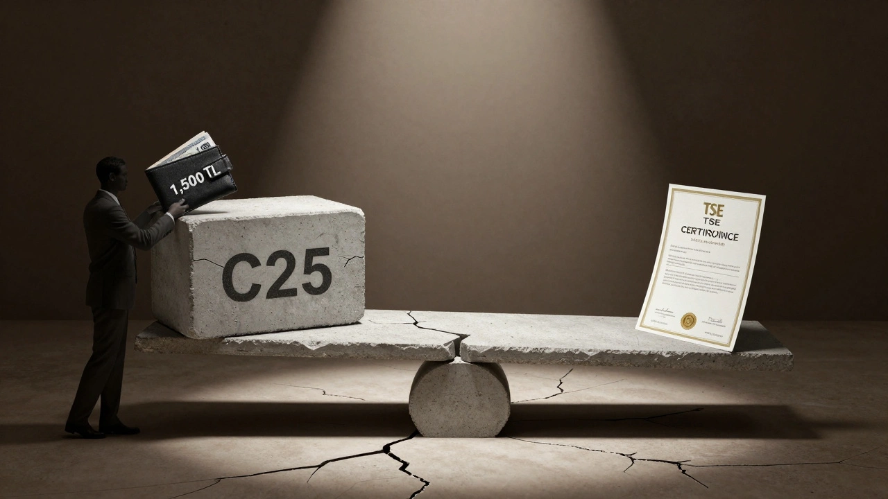 Ucuz ve kaliteli betonun karşılaştırılması: çatlaklı blok ile TSE sertifikalı beton, bir terazide dengede.