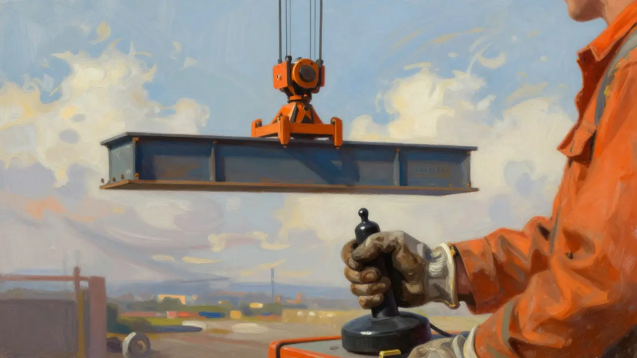 Vinç operatörünün elleri, joystick'i sıkıca tutarken, 100 tonluk bir yük tam olarak hedefine hizalanıyor.