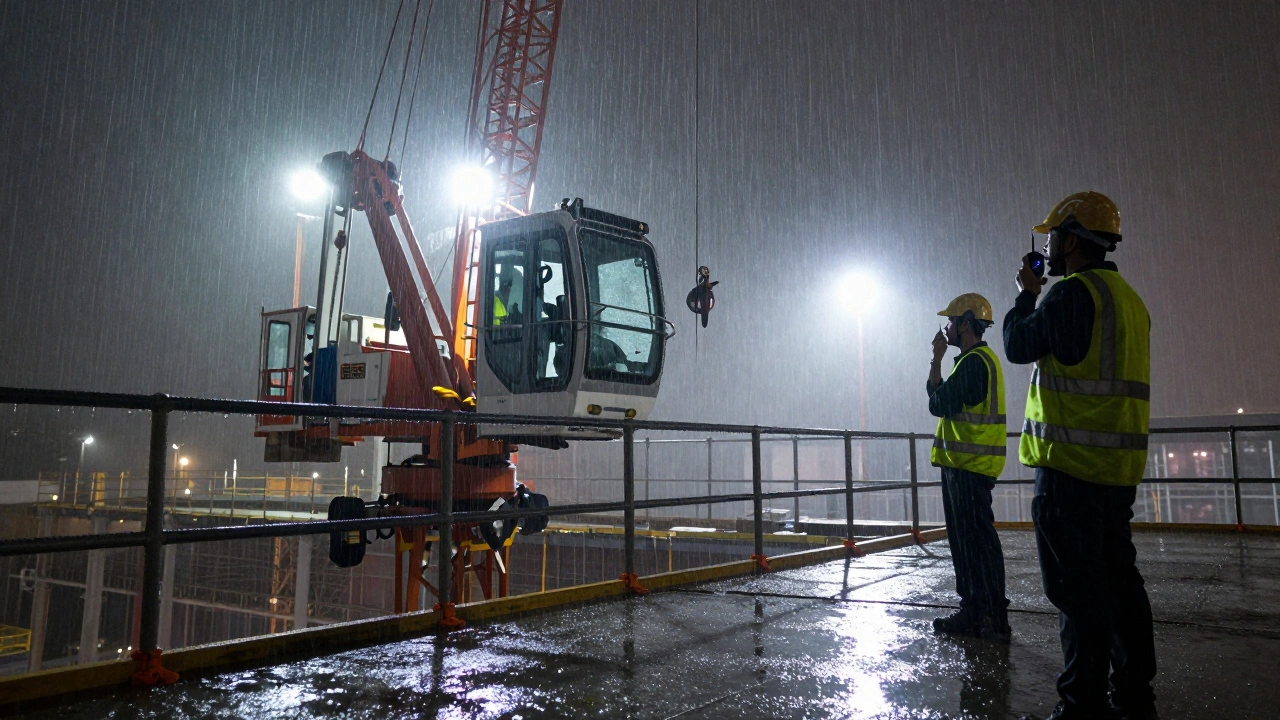 Yağmurda gece çalışması yapan bir kule vinç operatörü, 50 katlı bir binanın üzerinde.