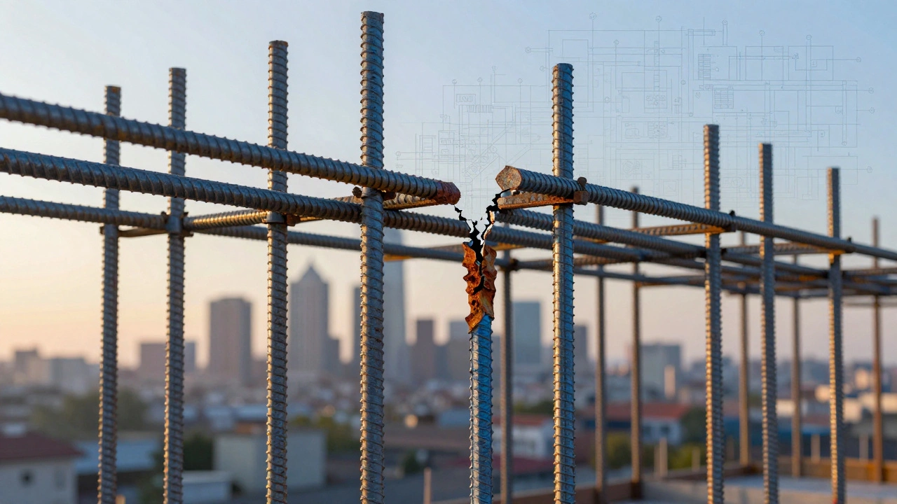 Yapının taşıyıcı yapısı: temiz ve paslı demirlerin karşılaştırması, kentsel manzara arka planda.