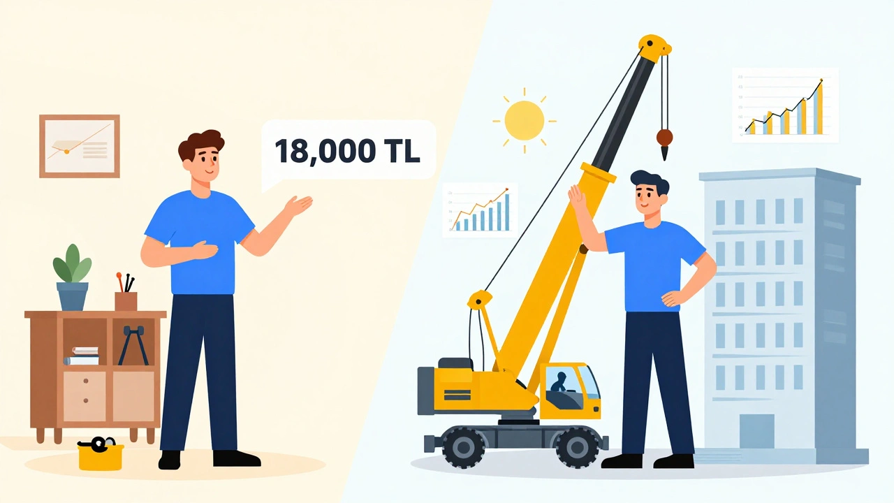 Yeni başlayan ve deneyimli kule vinç operatörlerinin kazanç ve yaşam tarzı karşılaştırması.