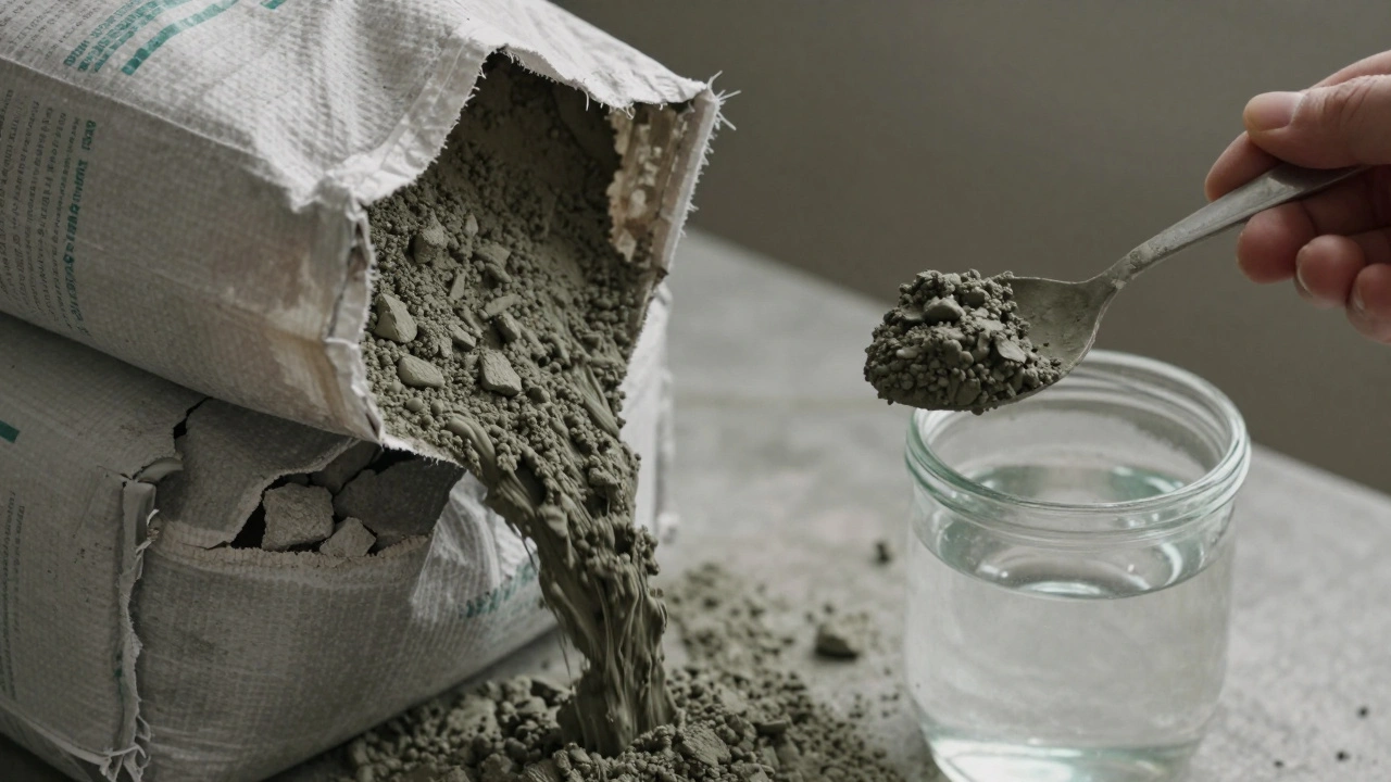 Yeni çimento tozu ile sertleşmiş kütleler yan yana, bir kaşık suya karıştırılmak üzere tutuluyor.