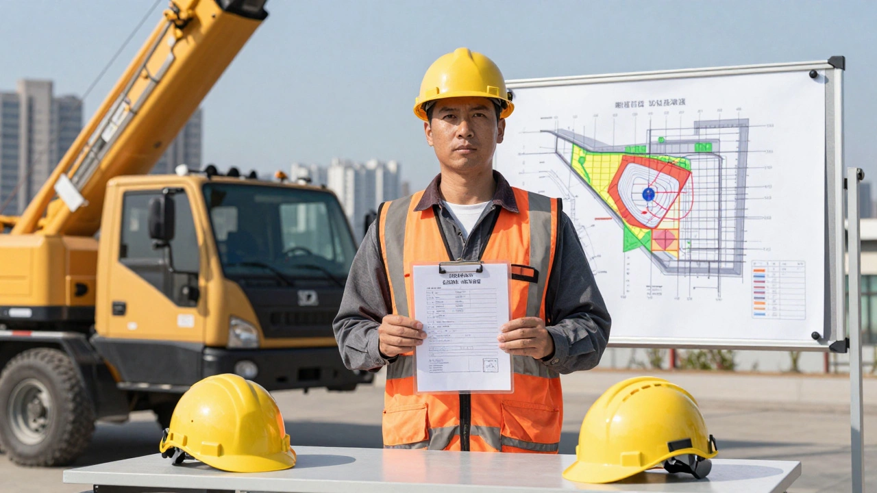 Yeterli sertifikaya sahip bir vinç operatörü, saha planı ve muayene raporuyla birlikte.