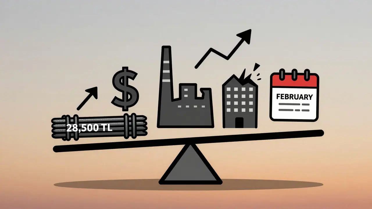 1 ton demir fiyatı ile döviz kuru, üretim ve deprem riski arasındaki dengenin sembolik temsili.