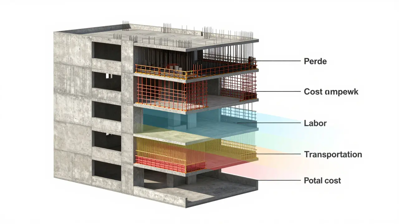 10 katlı bir binanın perde beton duvarının kesit gösterimi, maliyet bileşenleri renkli katmanlarla ayrılmış.