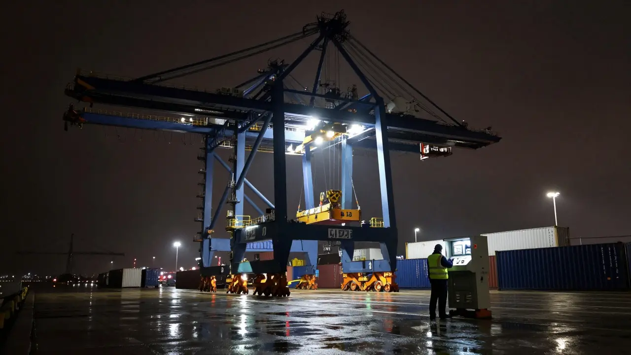 100 tonluk bir portal vinç, gece port sahasında konteynerleri kaldırıyor ve ışıklarla aydınlatılıyor.