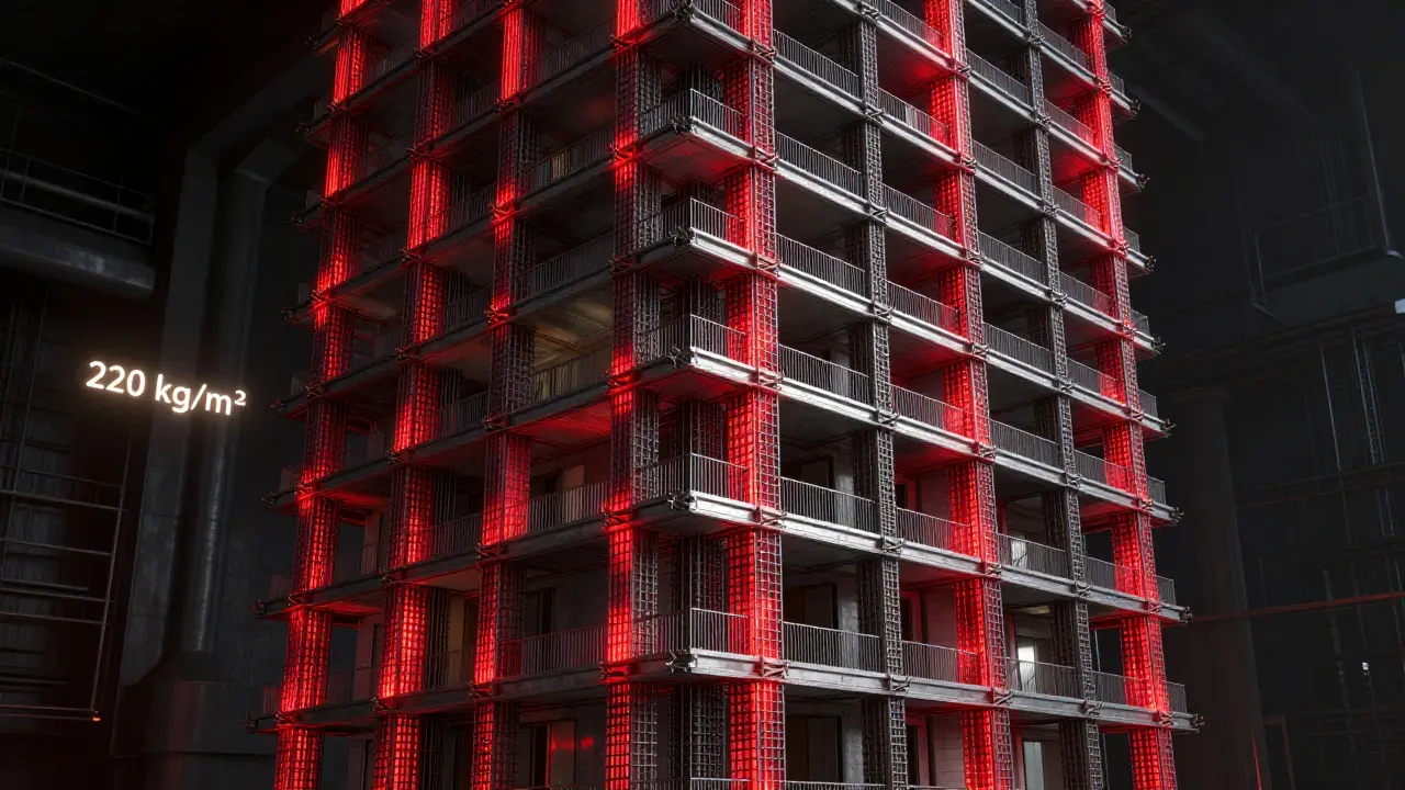 20 katlı bir bina için yoğun çelik donatı ile güçlendirilmiş yapı kesiti