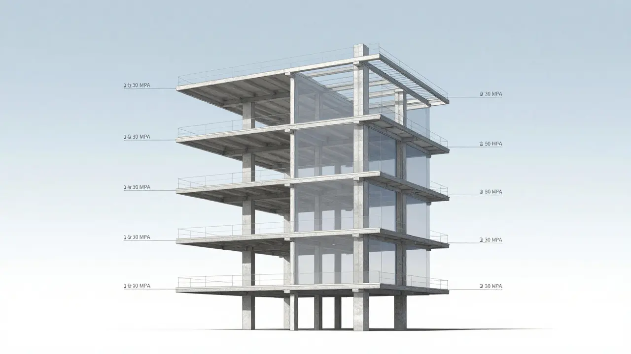 5 katlı bir konut binasının iç yapısı, C30 beton kolon ve kirişlerle destekleniyor.