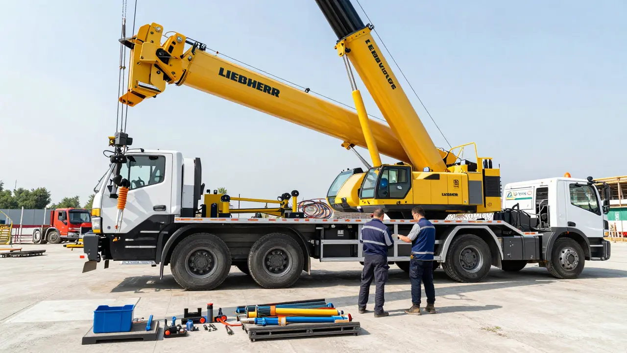 Ankara'da bir Liebherr kule vinç servis ekibi tarafından kontrol ediliyor.