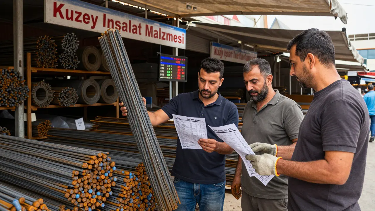 Ankara'da üç inşaatçı, farklı tedarikçilerden 8mm ve 12mm demir fiyatlarını karşılaştırıyor.