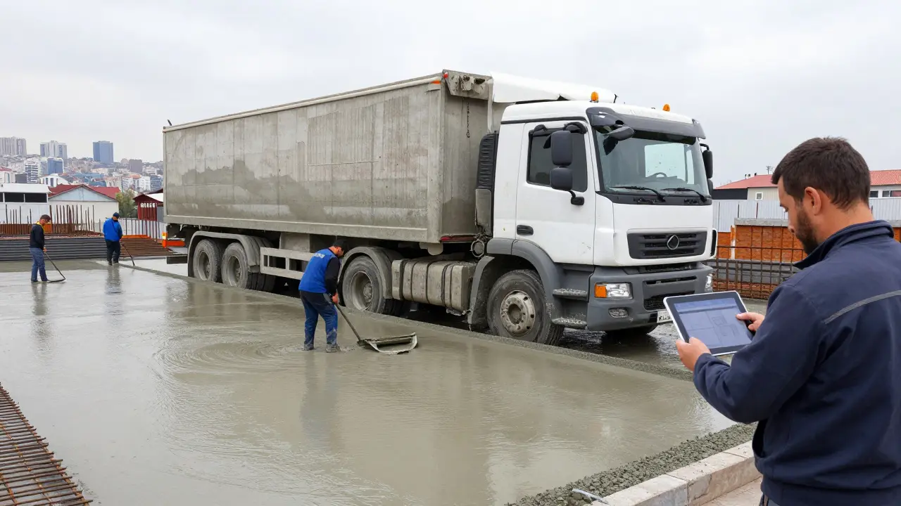 Beton kamyonu 20 cm kalınlıkta beton döküyor, işçiler yüzeyi düzleştiriyor.
