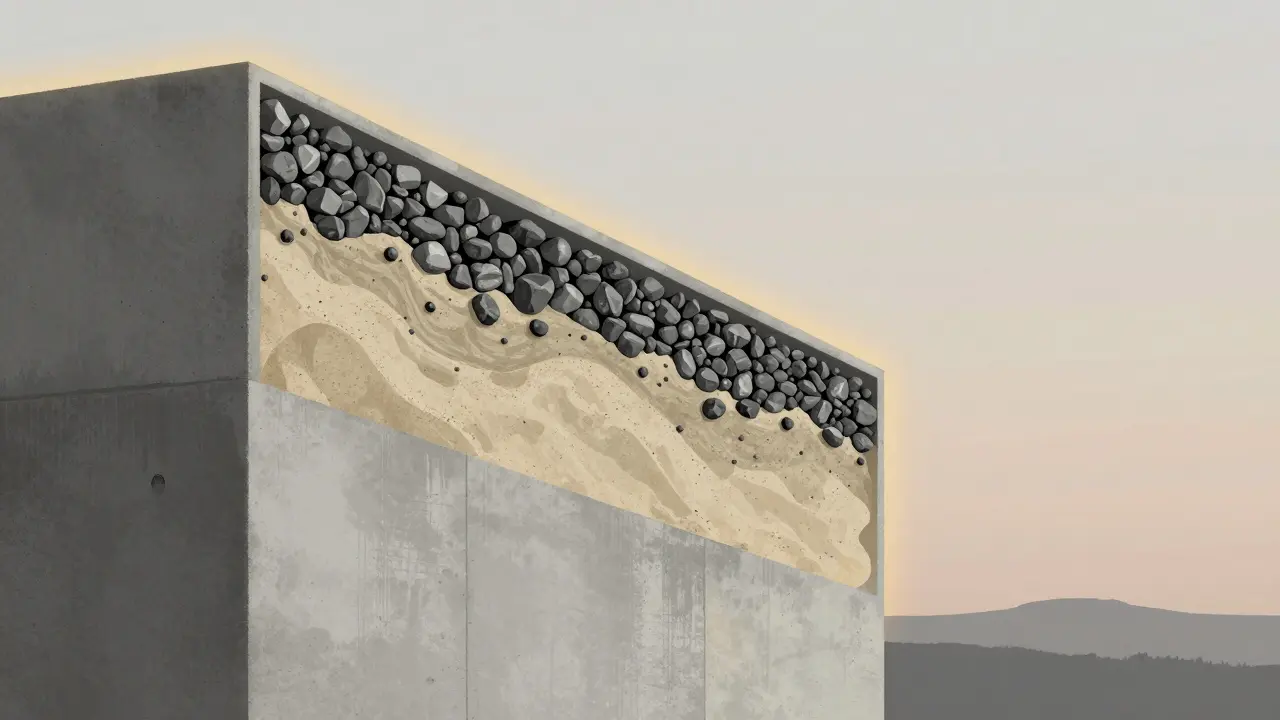 Betonun iç yapısı: çimento macunu, kum ve çakıl partiküllerini bir arada tutuyor, hafif altın ışıltı ile su reaksiyonu temsil ediliyor.