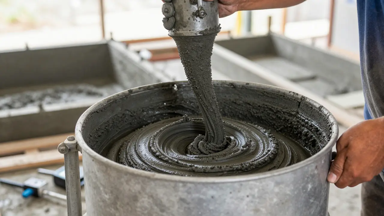 Bir inşaat işçisi siyah çimento karıştırıyor, demir oksit partikülleri görünüyor.