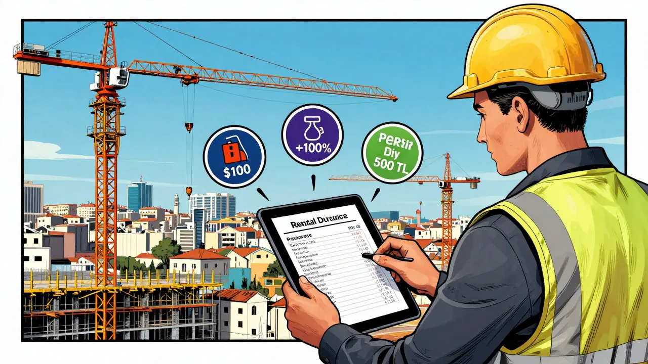 Bir inşaat yöneticisi üç farklı vinç teklifini karşılaştırıyor, gizli maliyetler ikonlarla gösteriliyor.