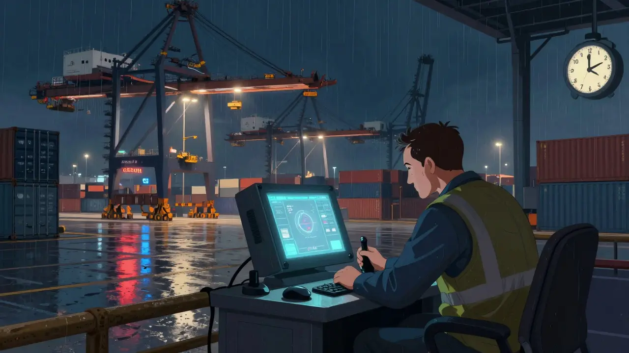 Bir limanda gece nöbetinde çalışan vinç operatörü, kontrolleri dikkatle takip ediyor, etrafında konteynerler var.