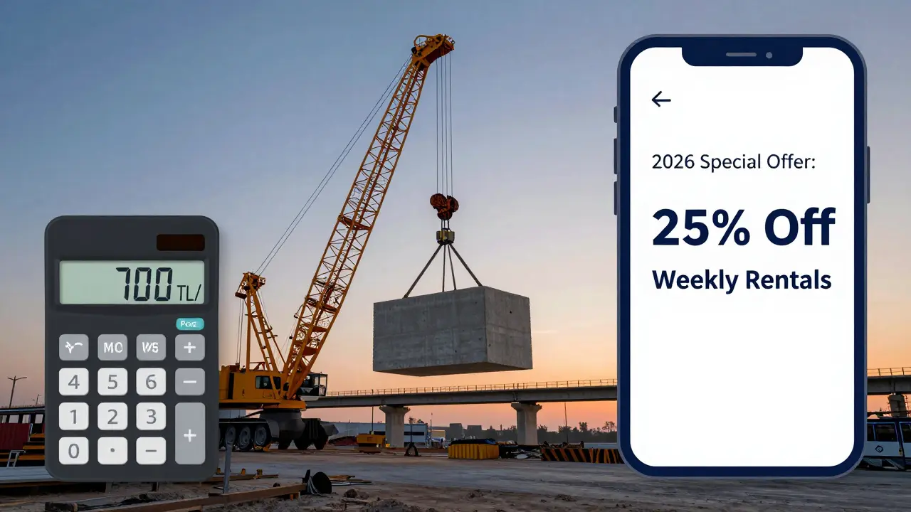 Büyük bir vinç köprü inşaatında beton blok kaldırıyor, ekran üzerinde 2026 kiralama teklifi görünüyor.